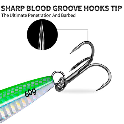 Close up of sharp blood groove treble hook on PROBEROS LF150 jigging bait