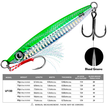 PROBEROS LF150 metal jig lure weight and size chart from 10g to 60g