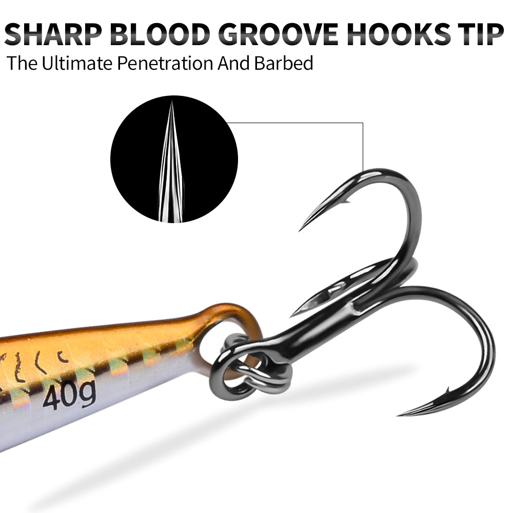 Sharp corrosion-resistant blood groove treble hook and feather assist hook detail