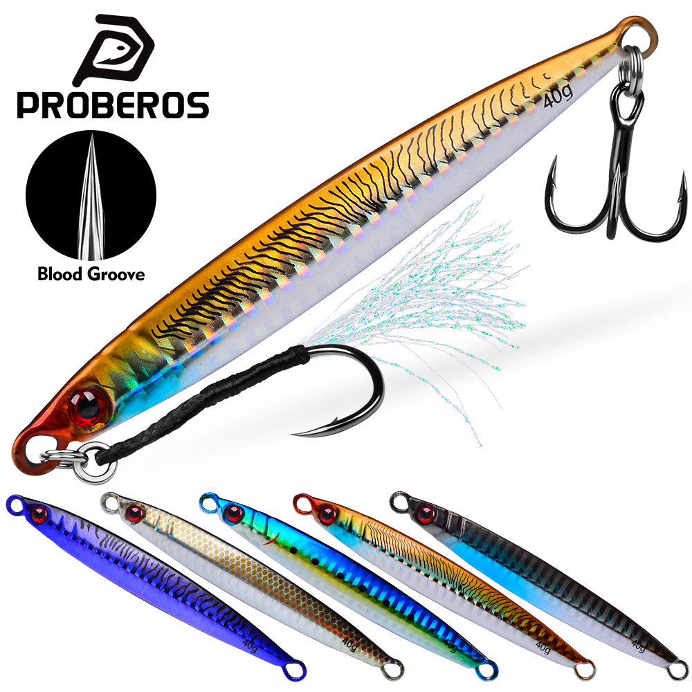 PROBEROS LF152 slow jigging metal lure with blood groove treble hook and assist feather