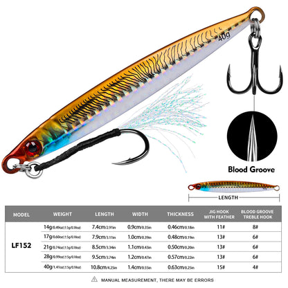 Weight and length specification chart 14g to 40g for PROBEROS LF152 metal jig