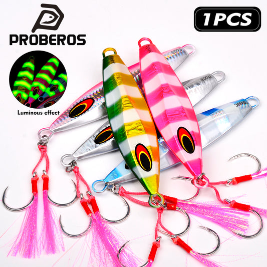 PROBEROS LF161 3D zebra stripe slow jigging lures set in 5 UV colors with assist hooks