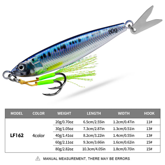 PROBEROS LF162 micro jigging lure size and weight specification chart 20g to 80g