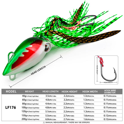 PROBEROS LF176 kabura slider jig head dimensions chart showing 40g to 200g weights