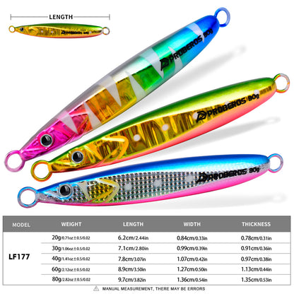 Size and weight comparison chart for PROBEROS LF177 jigging lure 20g 30g 40g 60g 80g