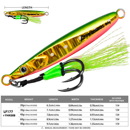 Size and weight comparison chart for PROBEROS LF177 jigging lure 20g 30g 40g 60g 80g
