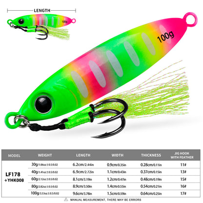 Size and weight chart for PROBEROS LF178 micro jigging lure 30g 40g 60g 80g 100g