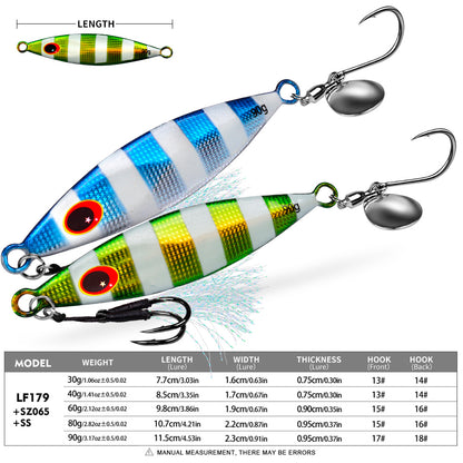 Size and weight chart for PROBEROS LF179 micro jigs from 30g 7.7cm to 90g 11.5cm