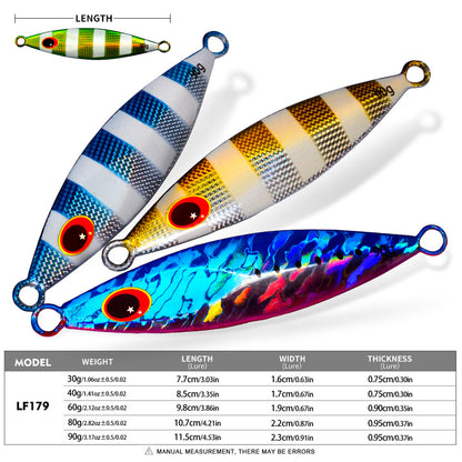 Specifications chart for PROBEROS LF179 unrigged micro jigs ranging from 30g 7.7cm to 90g 11.5cm