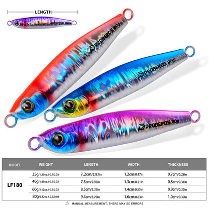 PROBEROS LF180 micro jigging lure size chart showing 35g 40g 60g 80g weights