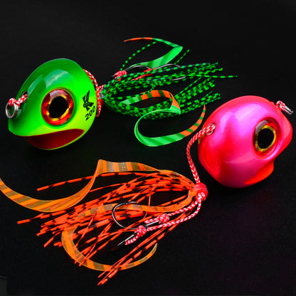 Close-up of PROBEROS LF181 luminous jig head 3D oversized eye, silicone skirt, and sharp assist hook