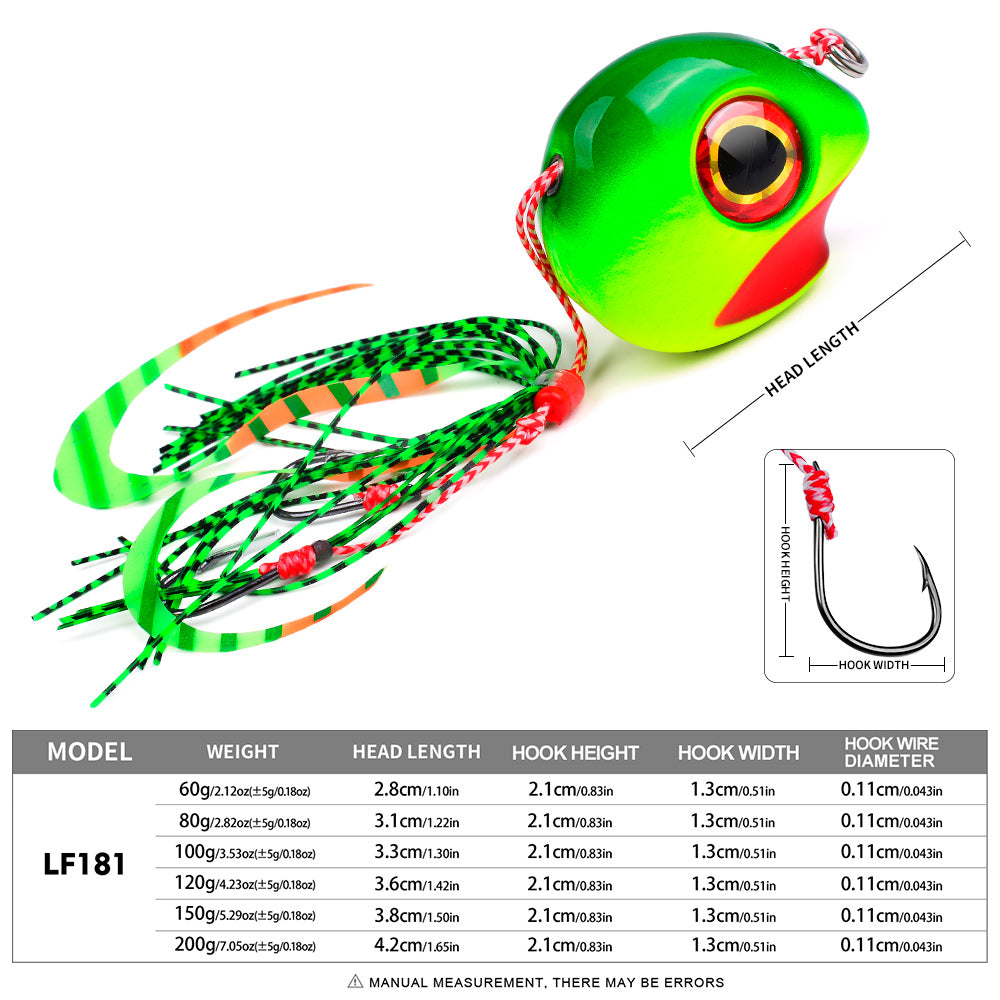 Head length and weight comparison chart for PROBEROS LF181 slider jig head 60g-200g