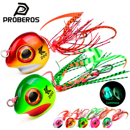 PROBEROS LF181 luminous slider jig head lure with skirt and assist hook for saltwater bottom fishing