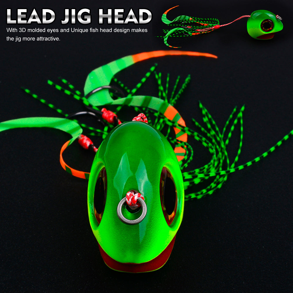 Close-up of PROBEROS LF181 luminous jig head 3D oversized eye, silicone skirt, and sharp assist hook