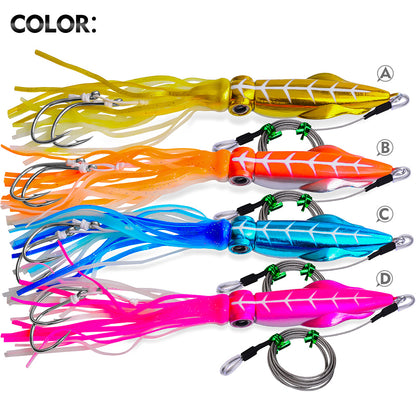 Four vibrant color variations A B C D of PROBEROS LF182 saltwater squid trolling lures