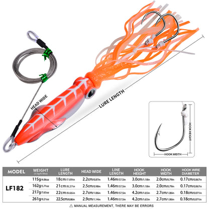 PROBEROS LF182 soft silicone squid bait with sharp double assist hooks and 1.46m heavy duty steel leader