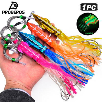 PROBEROS LF182 octopus squid jigging lure pre-rigged with double hooks and steel leader for saltwater fishing