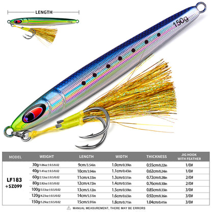 Specifications chart for PROBEROS LF183 metal jigs ranging from 30g 9cm to 150g 15cm