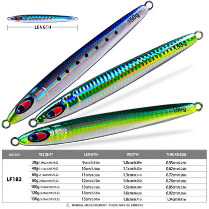 Specifications chart for PROBEROS LF183 metal jigs ranging from 30g 9cm to 150g 15cm