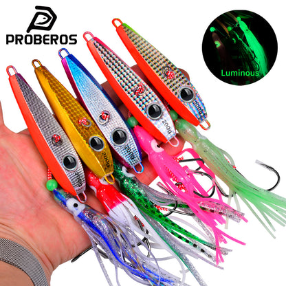 PROBEROS LF187 luminous lead head squid jig lure with skirt and assist hook for saltwater fishing
