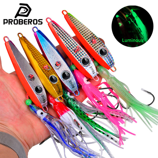 PROBEROS LF187 luminous lead head squid jig lure with skirt and assist hook for saltwater fishing