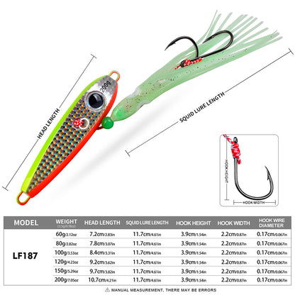 Size and head length comparison chart for PROBEROS LF187 squid jig 60g to 200g