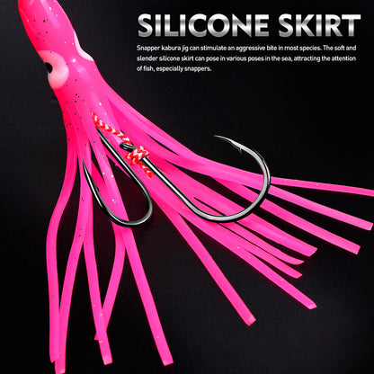 Close-up of durable silicone squid skirt and pre-rigged sharp fishing hook