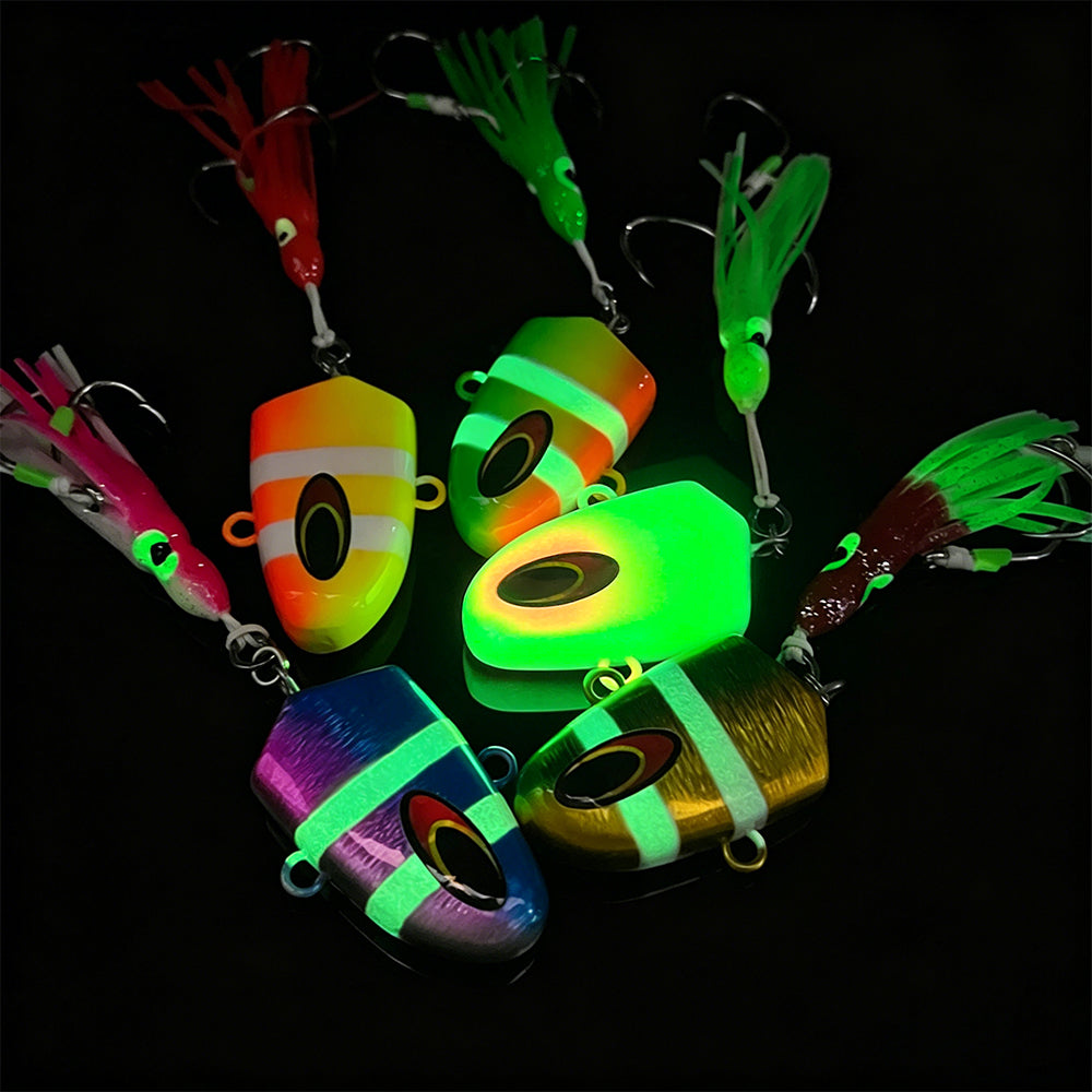 Luminous UV glow effect on PROBEROS LF189 lead head squid lure for deep sea night fishing