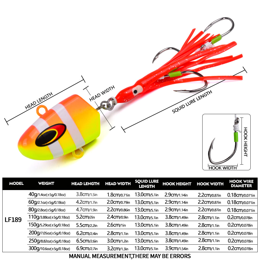 Dimensions and triple assist hooks structure of PROBEROS LF189 lead head squid lure
