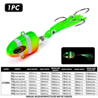 Weight chart from 40g to 300g for PROBEROS LF189 offshore bottom fishing squid lure