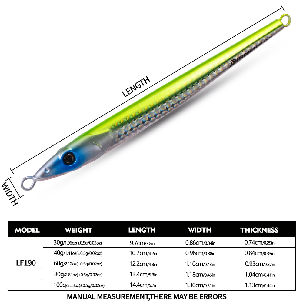 PROBEROS LF190 Slow Pitch Jig 30g 40g 60g 80g 100g Size Specs Chart