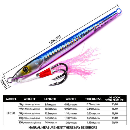PROBEROS LF190 Slow Pitch Jig 30g 40g 60g 80g 100g Size Specs Chart
