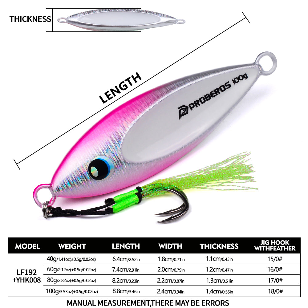 PROBEROS LF192 Slow Pitch Jig 40g 60g 80g 100g Size Specs Chart