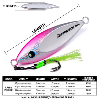 PROBEROS LF192 Slow Pitch Jig 40g 60g 80g 100g Size Specs Chart