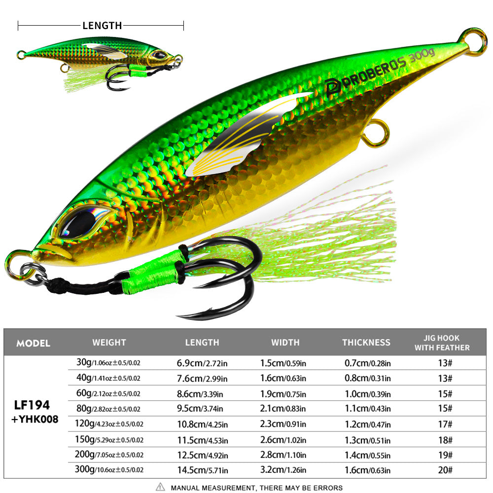 PROBEROS LF194 Slow Pitch Jig 30g to 300g Size Specs Chart