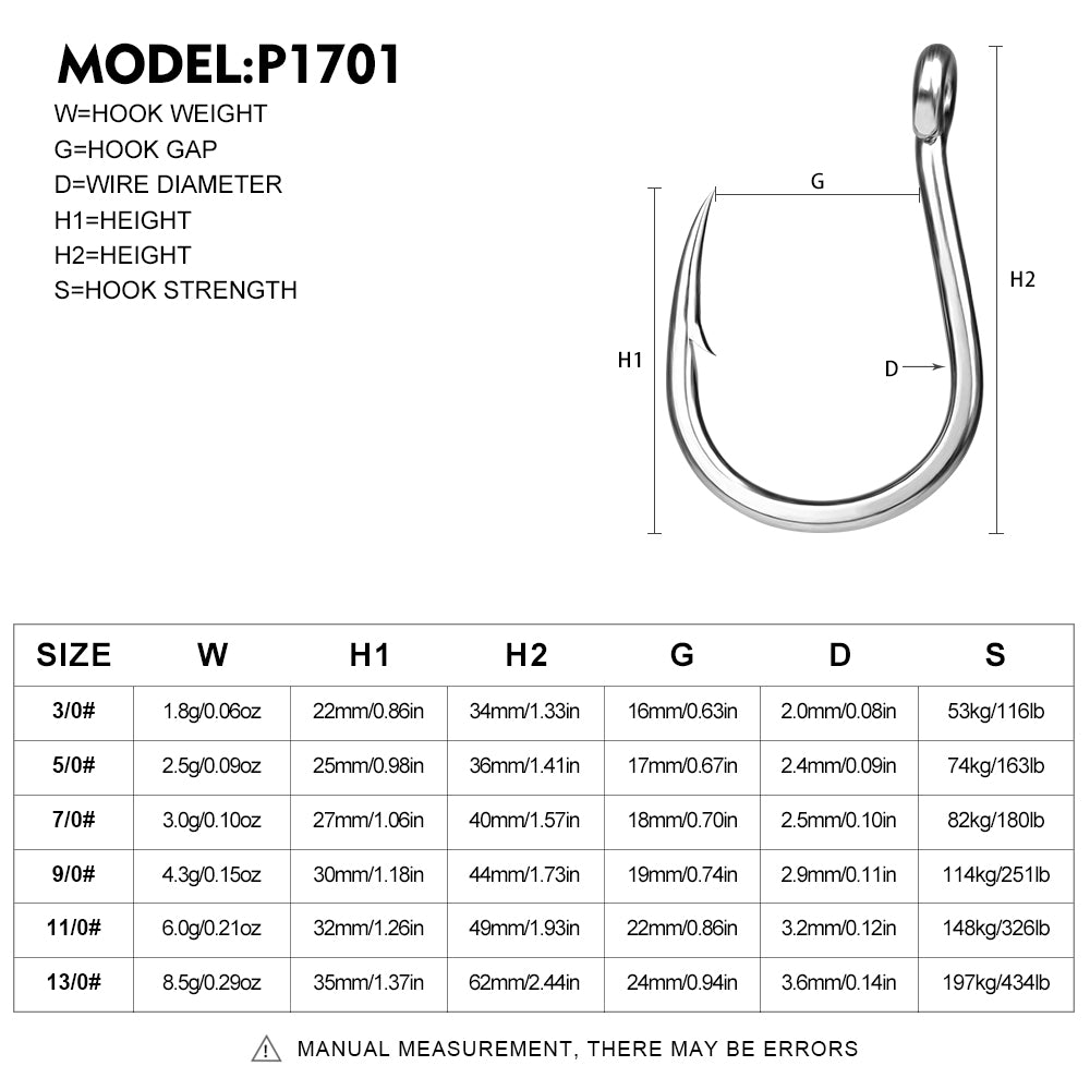 PROBEROS P1701 saltwater fishing hooks size chart and specs from 3/0# to 13/0#