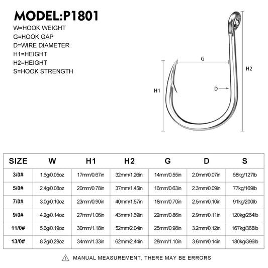 PROBEROS P1801 saltwater fishing hooks size chart and specs from 3/0# to 13/0#