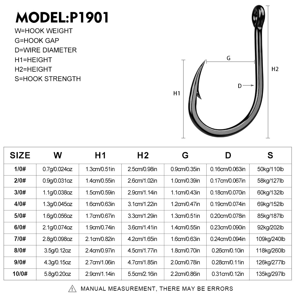 PROBEROS P1901 saltwater fishing hooks size chart and specs from 1/0# to 10/0#