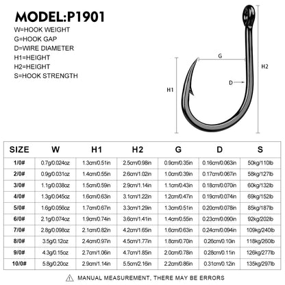 PROBEROS P1901 saltwater fishing hooks size chart and specs from 1/0# to 10/0#