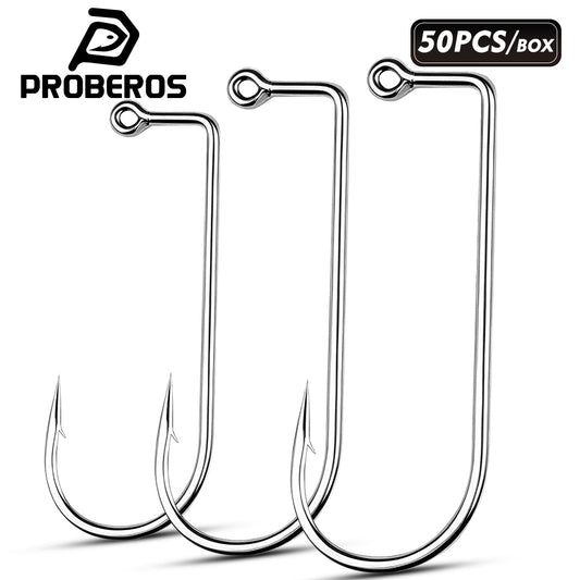 Proberos P1902 long shank single fishing hooks 50pcs box set high carbon steel