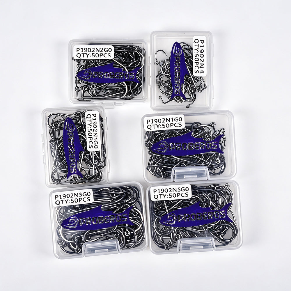Proberos P1902 long shank single hooks 50pcs in clear plastic tackle box packaging