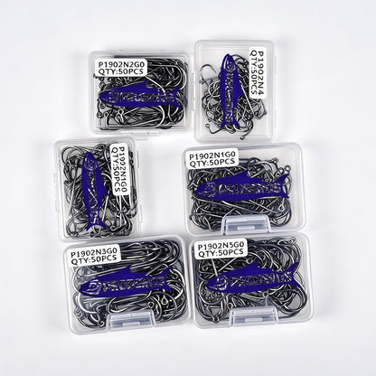 Proberos P1902 long shank single hooks 50pcs in clear plastic tackle box packaging