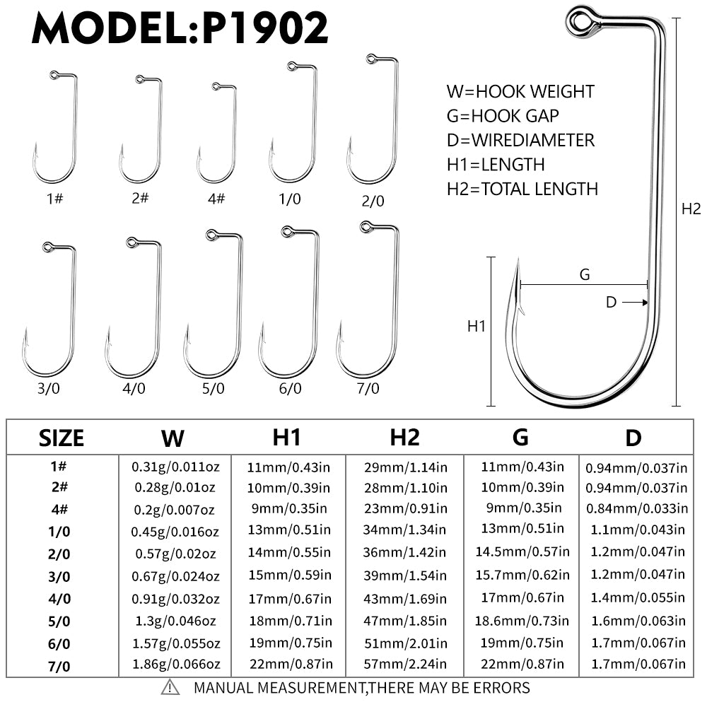 Proberos P1902 long shank fishing hook size chart showing 1# to 7/0# dimensions