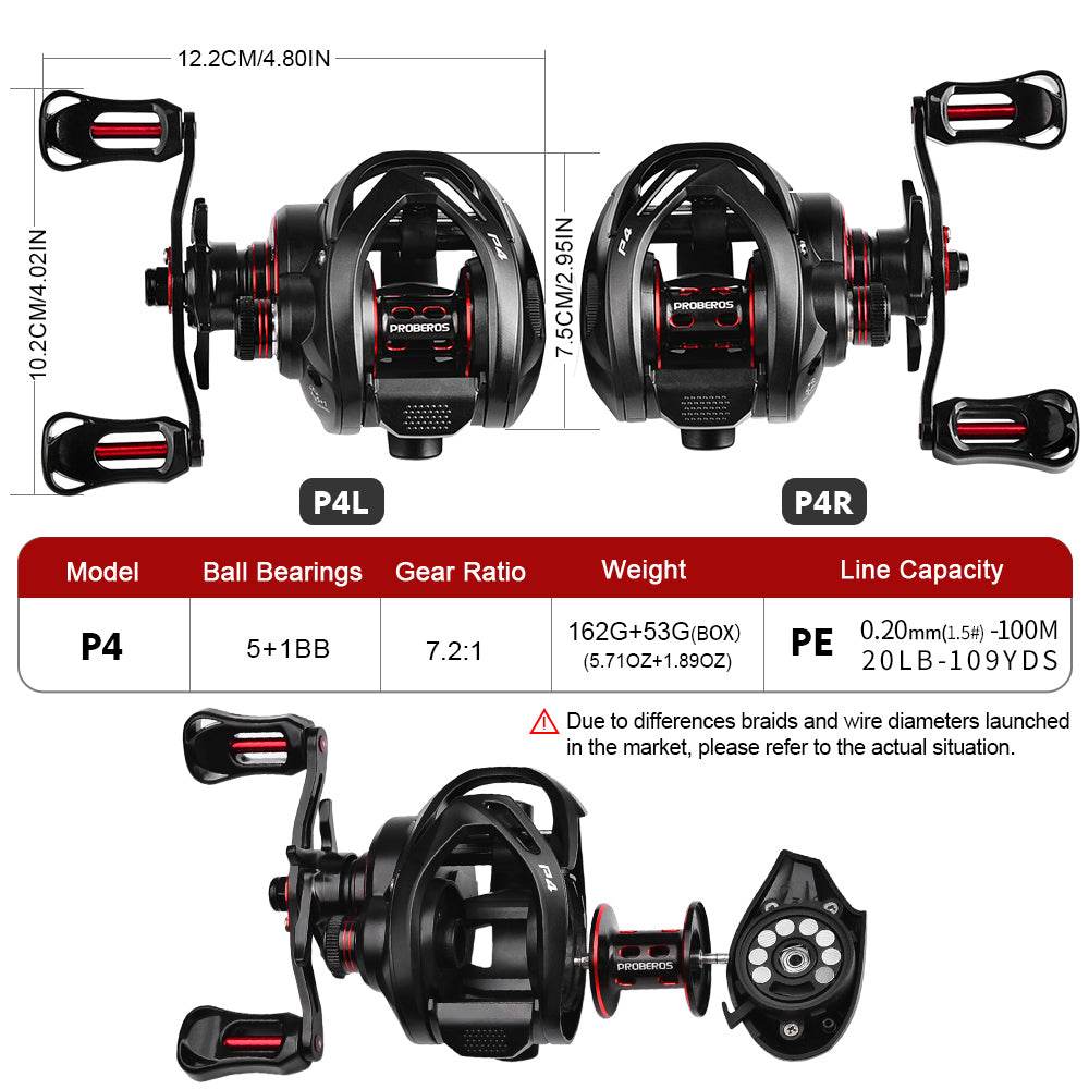 PROBEROS P4 left and right handed baitcaster reels showing the ergonomic hollow handle knobs.
