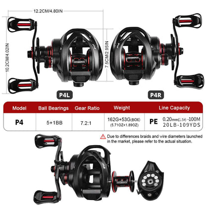 PROBEROS P4 left and right handed baitcaster reels showing the ergonomic hollow handle knobs.