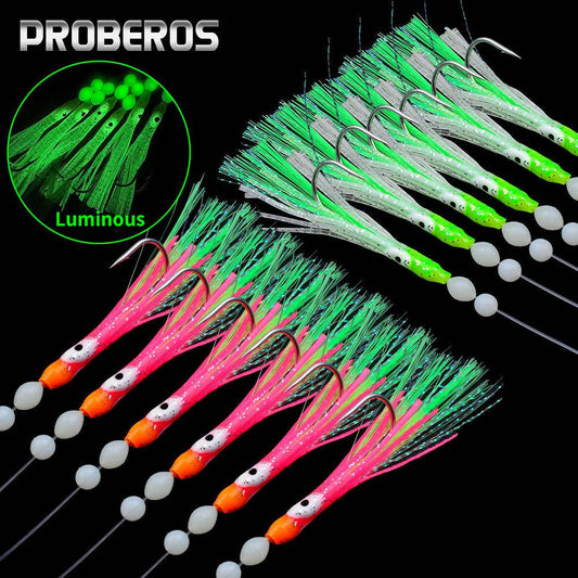 PROBEROS 5pcs Soft silicone fishing lure set,1 bag 6 string hook,Glow Squid Hook,artificial squid bait ,Fishing Gear Accessories - Proberos