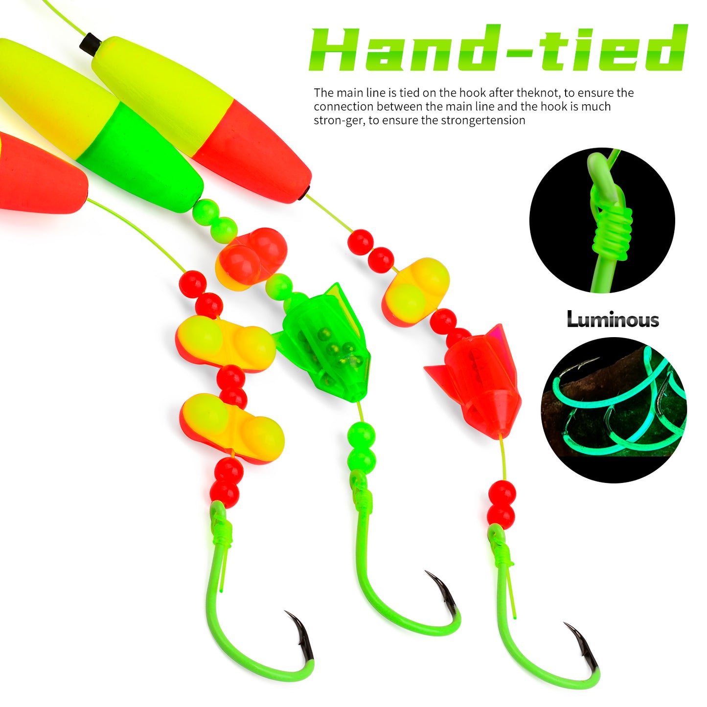 Proberos PJ007 hand-tied catfish float rig with luminous glowing beads detail
