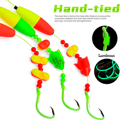 Proberos PJ007 hand-tied catfish float rig with luminous glowing beads detail