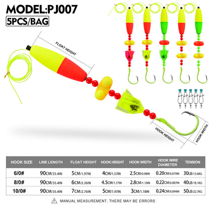 Size, tension and hook comparison chart for PROBEROS PJ007 catfish float rigs 6/0# to 10/0#