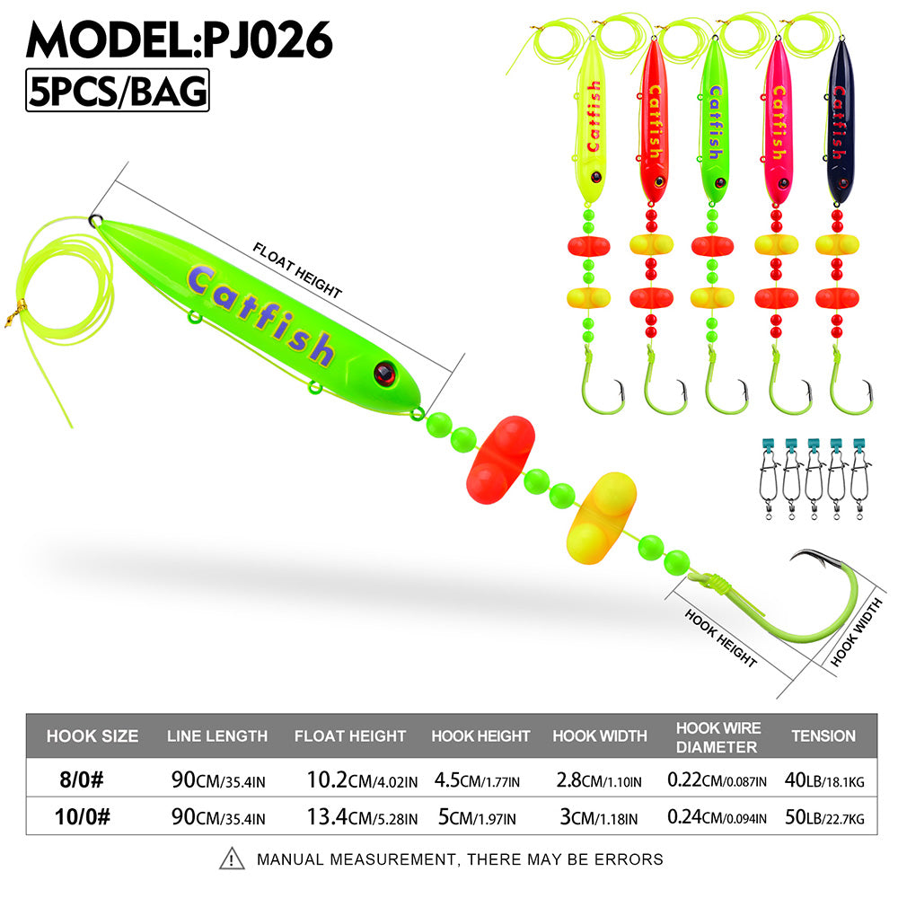 Proberos catfish rig size chart showing 8/0 and 10/0 circle hook specifications